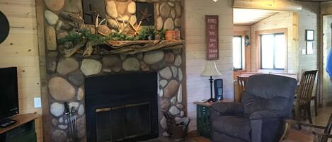 Una televisión, una chimenea, un reproductor de DVD, libros