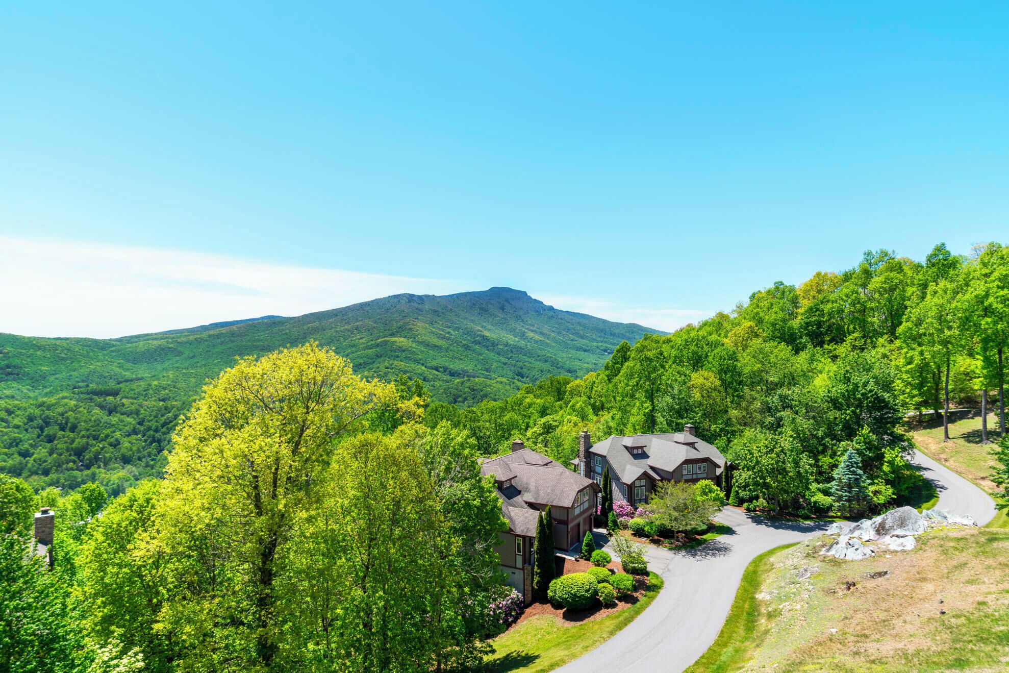 A two-story house with a driveway, surrounded by lush green trees and a mountain in the background.