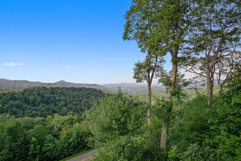 A mountainous landscape with dense forest and a clear sky.
