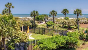Zona ajardinada con palmeras, jardín cercado y vista a la playa.