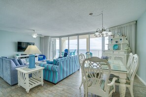 TV - Oceanfront 2BR condo in Panama City Beach, sleeps 8, family-friendly amenities. (Panama City Beach)