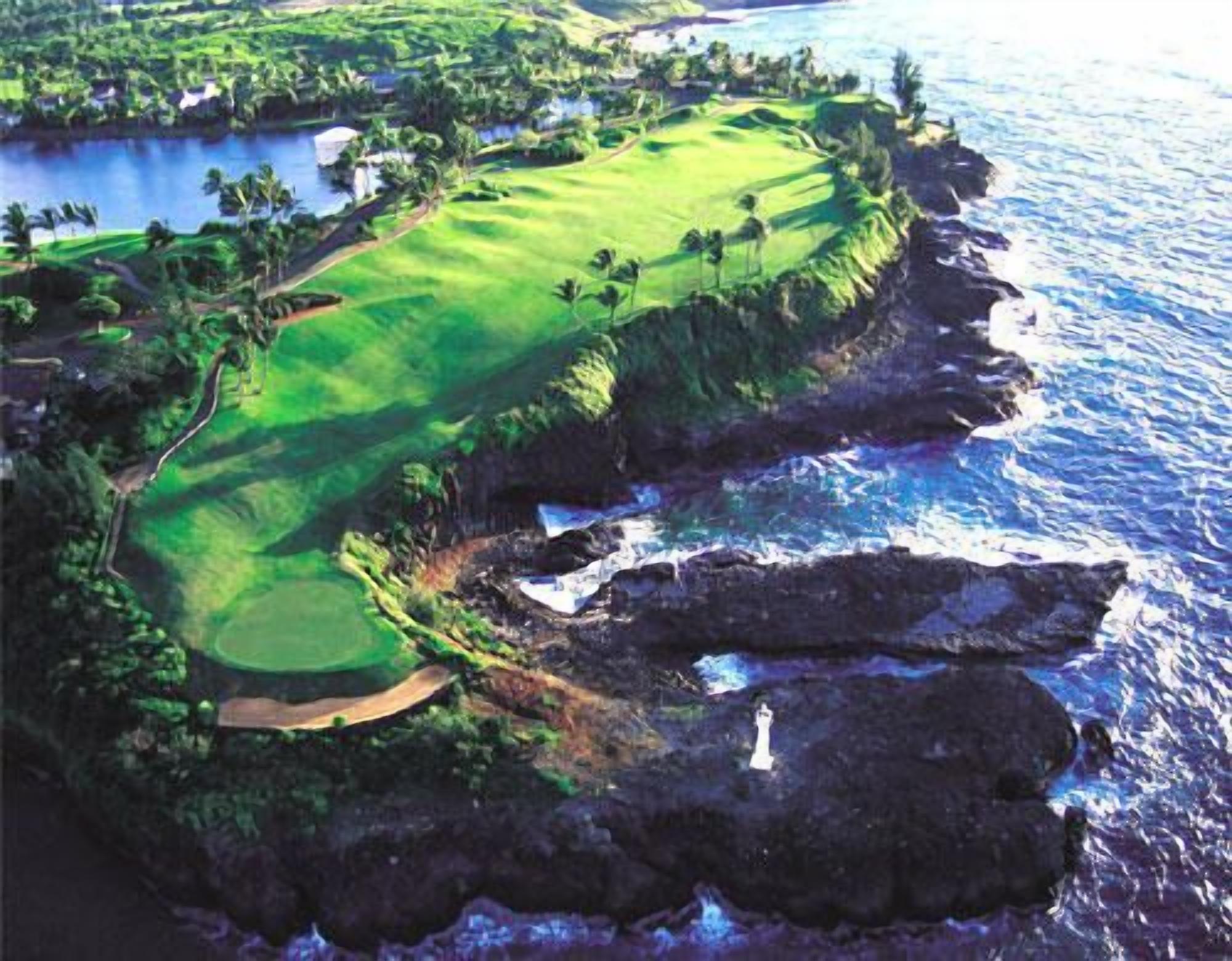 An aerial view of a coastal golf course with a water body, rocky coastline, and lush greenery.