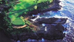 An aerial view of a coastal golf course with a water body, rocky coastline, and lush greenery. - WORLD CLASS#402 Superior PENTHOUSE, Full AC, 2 Suites, Best Views & Privacy (Princeville)