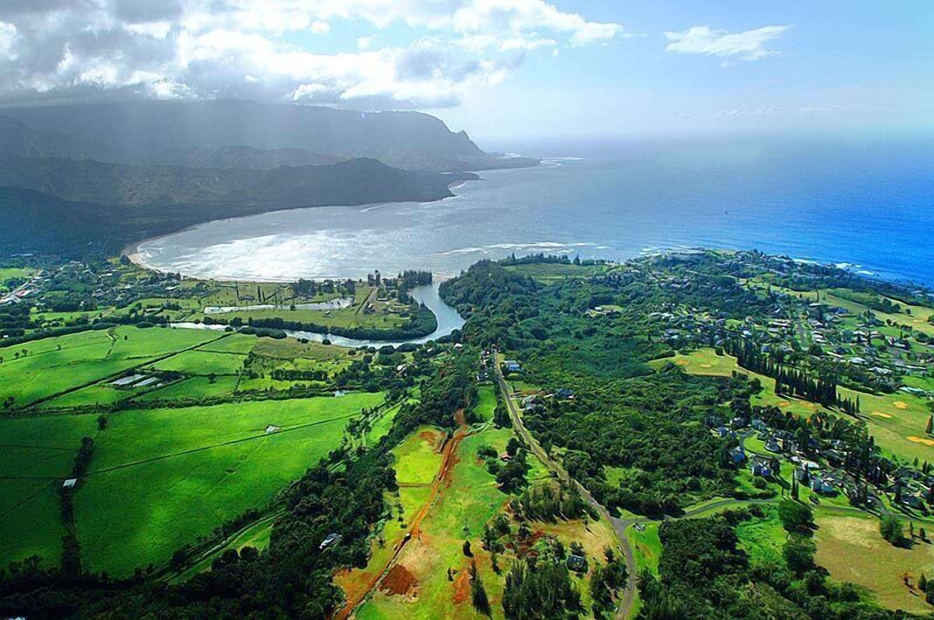An aerial view of a coastal area with a river, green fields, and a small settlement.