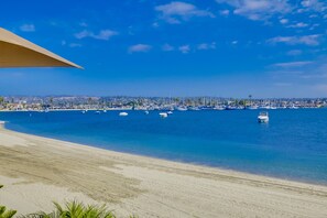 On the beach, sun loungers