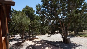 A gravel patio with a concrete slab, surrounded by trees and a wooden structure.