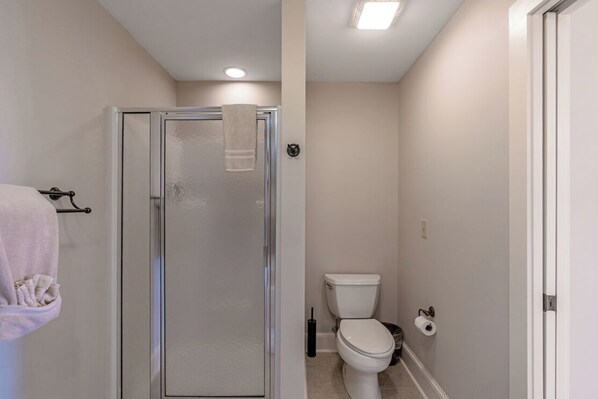 Une salle de bain avec une douche à parois de verre, des toilettes et un porte-serviettes.
