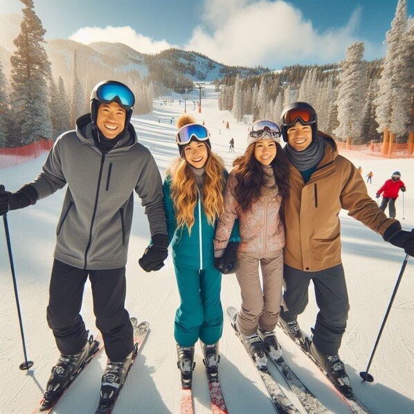 A group of people on skis at a ski resort.