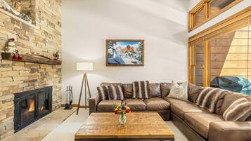 TV connectée, cheminée, livres, chaîne hi-fi