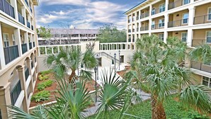 A courtyard with multiple floors of buildings, palm trees, and a central staircase. - 301 North Shore End Unit, No carpet, CLEAN, Wrap-around Balcony, August Avail. (Hilton Head Island)