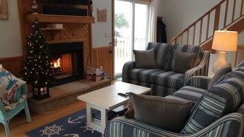 TV, fireplace, DVD player, books