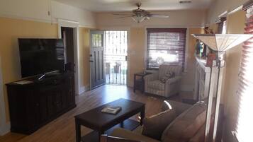 Smart TV, fireplace, DVD player, books