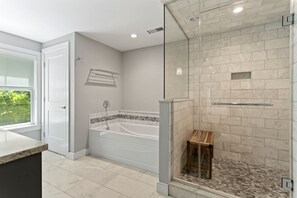 Shower, jetted tub, hair dryer, towels