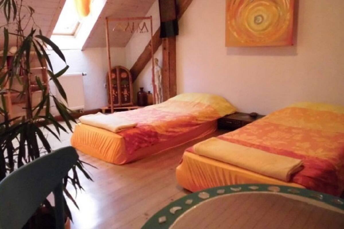 Une chambre avec deux lits, un plancher en bois, une lucarne et un tableau au mur.
