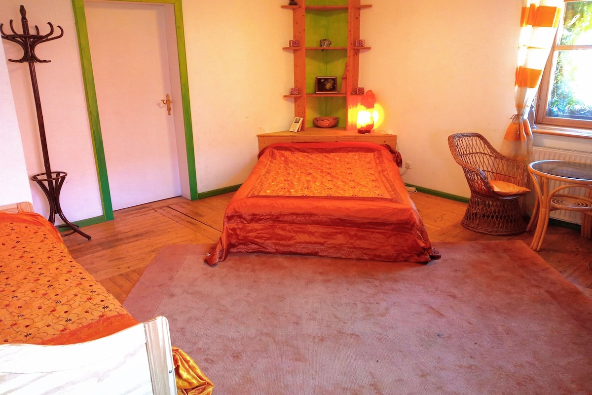 Une pièce comprenant un lit, une chaise, une table, une étagère avec des objets décoratifs et une porte.