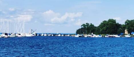 Un puerto deportivo con barcos amarrados y un cielo despejado.