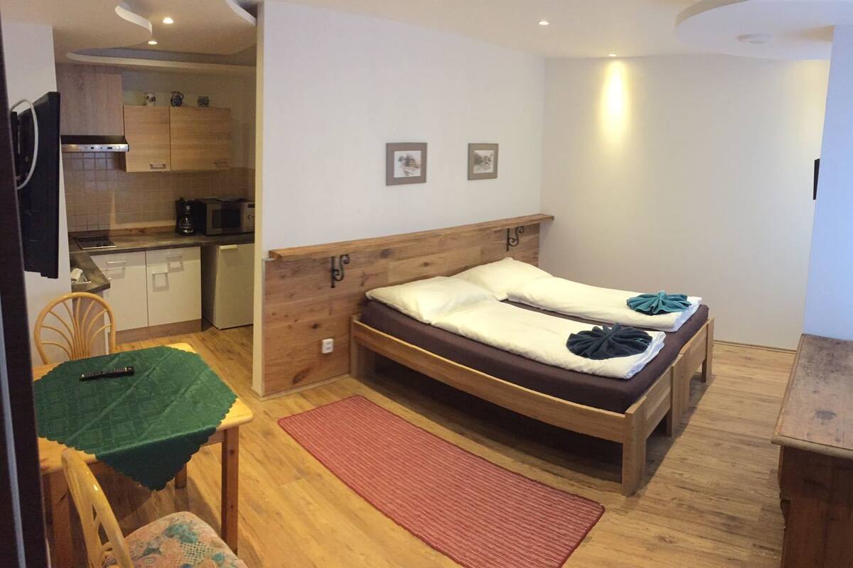 Habitación pequeña con cama, una mesita con mantel verde, alfombra roja y una kitchenette al fondo.