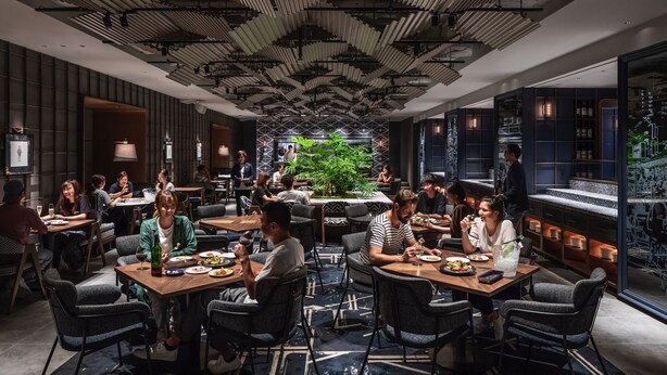 Un restaurante moderno con varias mesas y sillas, una planta grande en el centro y una zona de bar con estantes llenos de botellas.
