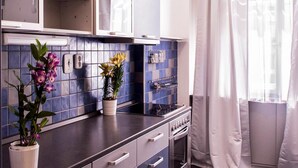 A modern kitchen with dark cabinets, a tiled backsplash, and a potted plant.