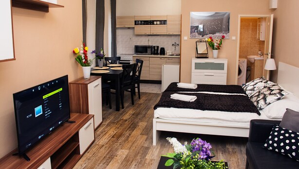 A modern hotel room with a bed, a TV, a desk, and a kitchenette. - Wenceslas Square Apartment (Prague)