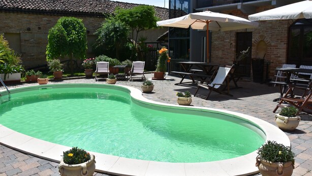 A swimming pool with surrounding lounge chairs and potted plants. - Agriturismo corte di Gerardo (Tonco)