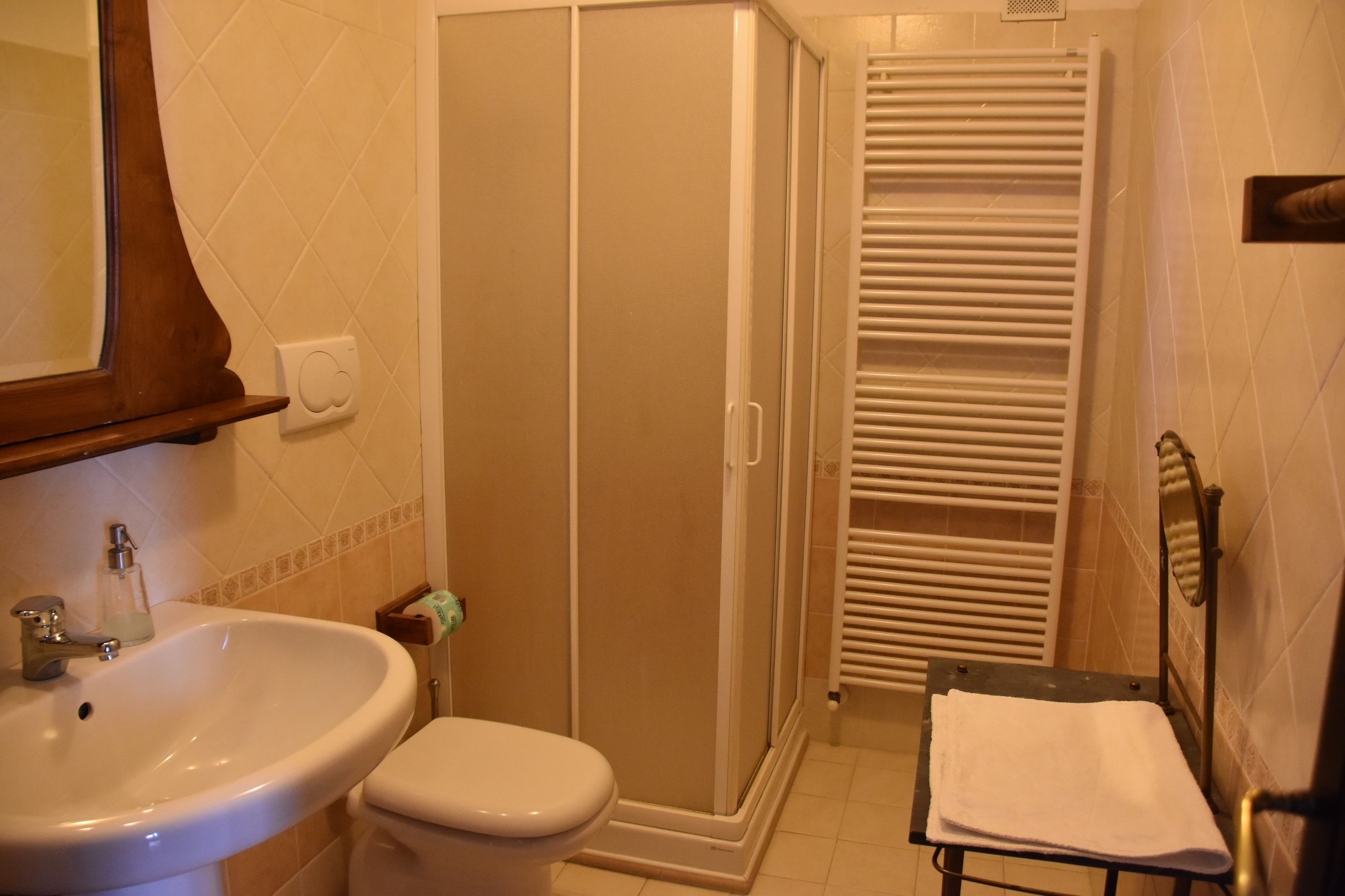 A bathroom with a sink, toilet, shower, and towel rack.