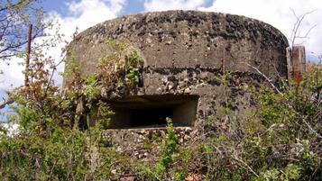 A circular stone structure with a central opening, surrounded by overgrown vegetation.