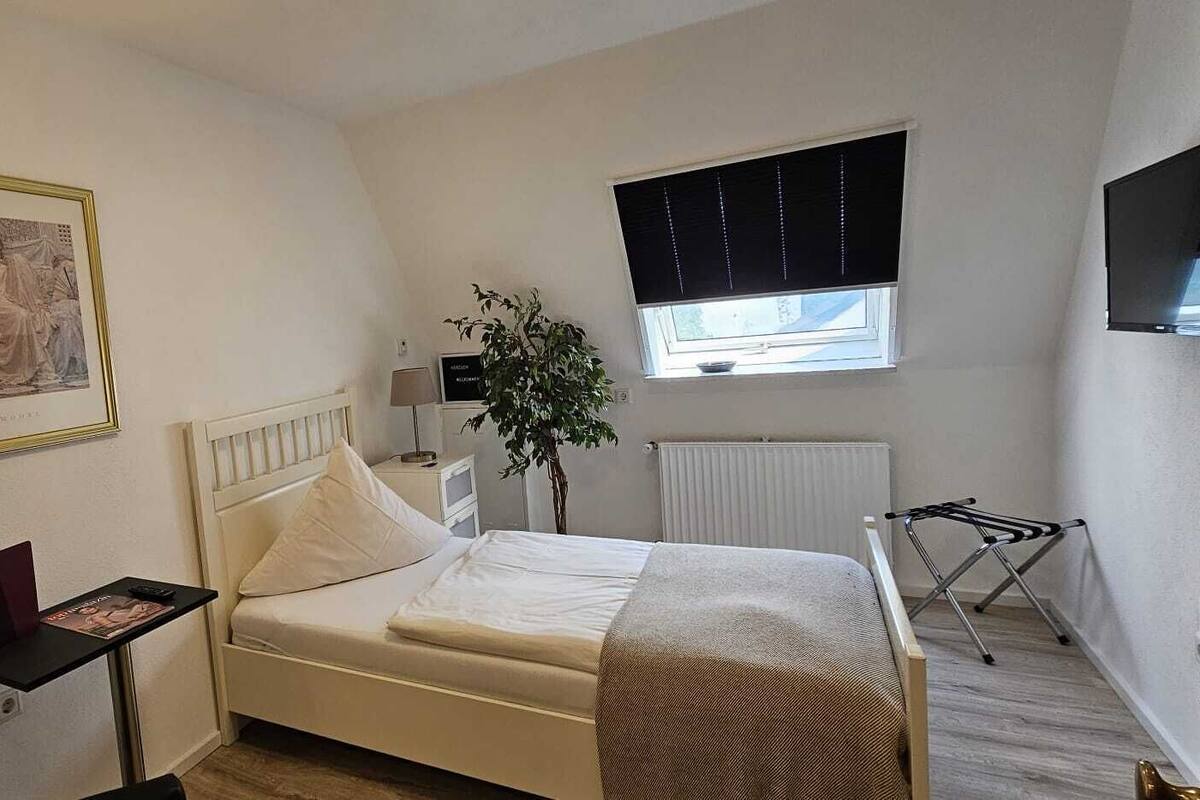 A bedroom with a bed, a nightstand, a desk with a lamp, a framed picture, a radiator, a window with blinds, and a plant.