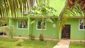 Un edificio verde con un'unica porta d'ingresso, finestre e un piccolo giardino con erba e piante.
