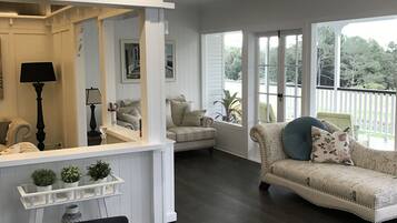 Smart TV, fireplace, DVD player, video library