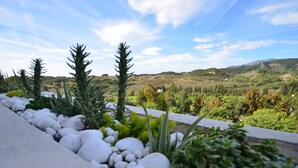 A landscaped terrace with white pebbles and various plants, overlooking a hilly landscape with trees and a clear sky. - Parque Botanico Holiday Rentals (Estepona)