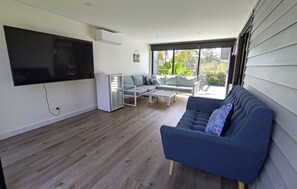 Télévision, cheminée, lecteur de DVD, table de tennis de table