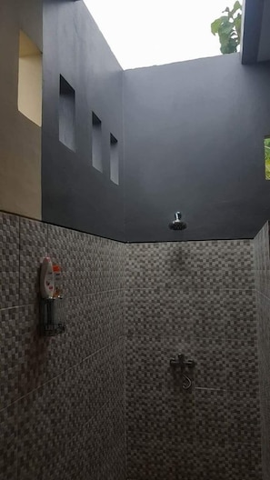 Hair dryer, towels, shampoo, toilet paper