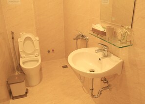 Towels, shampoo, toilet paper