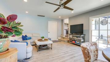 TV, fireplace, books