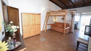 Estada rústica amb un llit doble de fusta, un sofà, un armari i una zona de menjador.