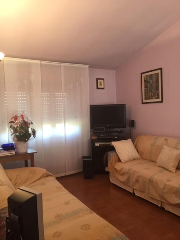 TV, DVD player, books, stereo