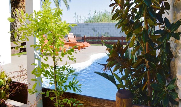 A swimming pool with a wooden deck and lounge chairs, surrounded by greenery and a white wall.