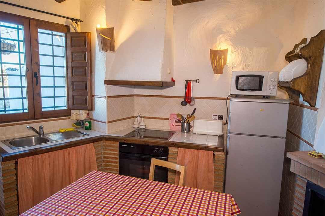 Cocina compacta con mostrador de madera, microondas, refrigerador y lavamanos.