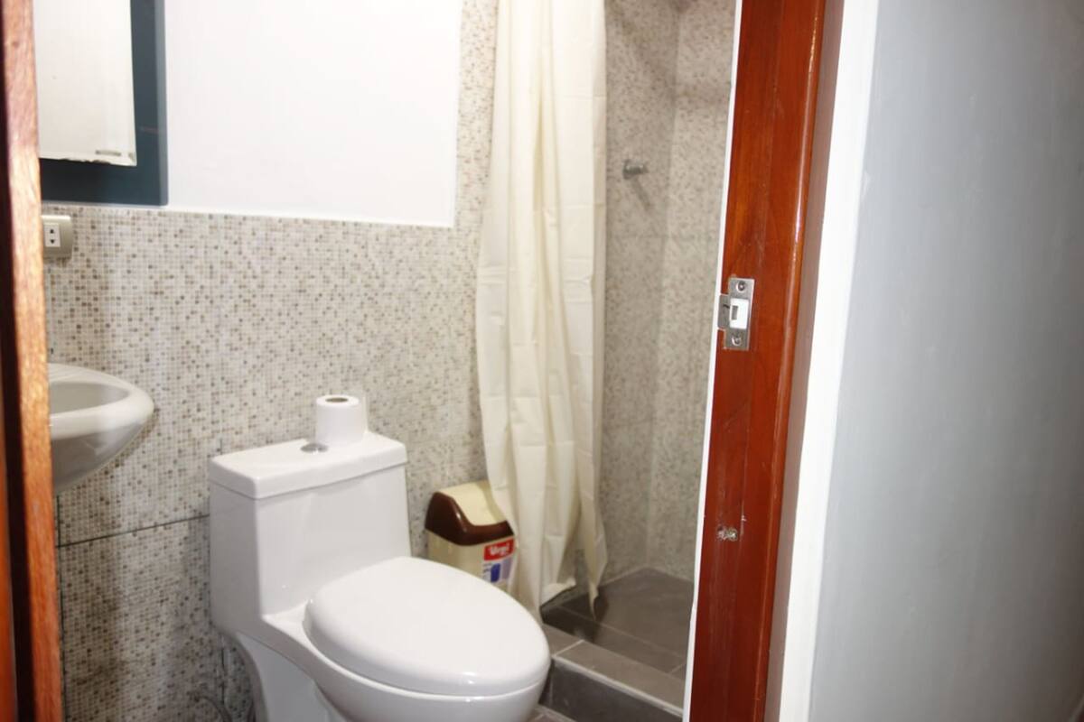 Een badkamer met toilet, wastafel, douche en een witte douchegordijn.