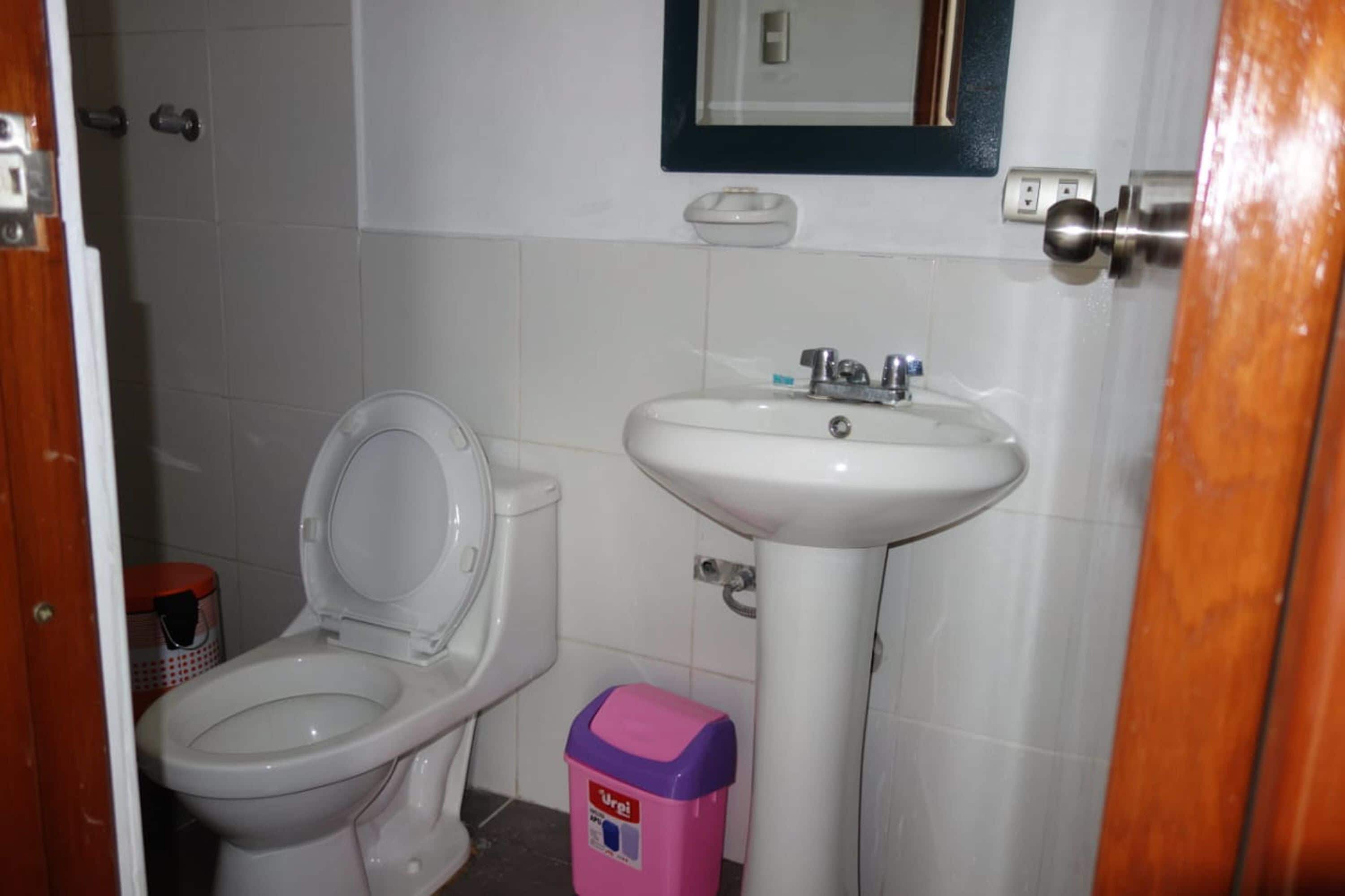 Ein Badezimmer mit Toilette, Waschbecken und Mülleimer.