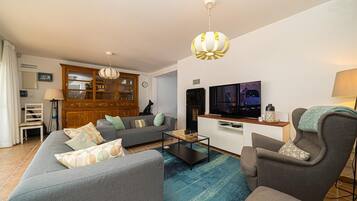 Een smart-tv, boeken en een stereo