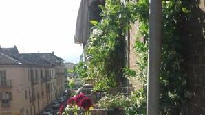 A balcony with potted plants and flowers, overlooking a street with parked cars and buildings. - Rabadan Bed and Breakfast (Turin)