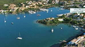 An aerial view of Villa Lantana, a coastal property with numerous boats docked in the marina, surrounded by lush greenery and residential buildings. - VILLA LANTANA - Class and style with incredible views over Mahon harbour (Mao)
