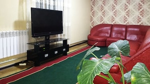 Un salon avec un téléviseur à écran plat posé sur un meuble, un canapé en cuir rouge et une grande plante verte.