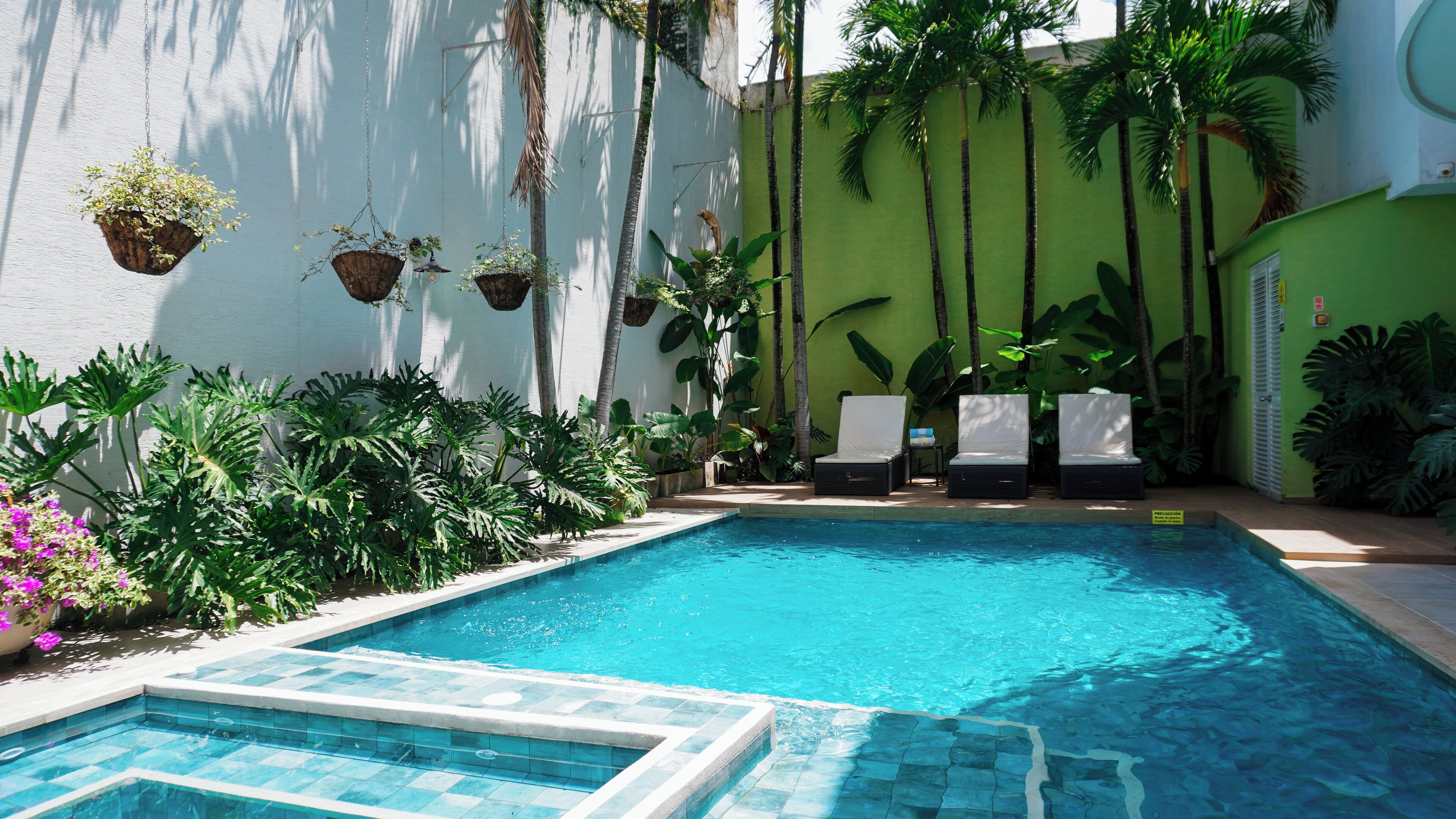 Piscine extérieure, chaises longues