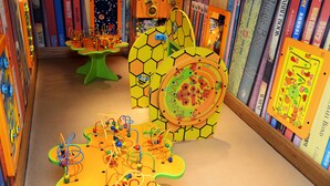 A children's play area with colorful play structures and bookshelves filled with books.