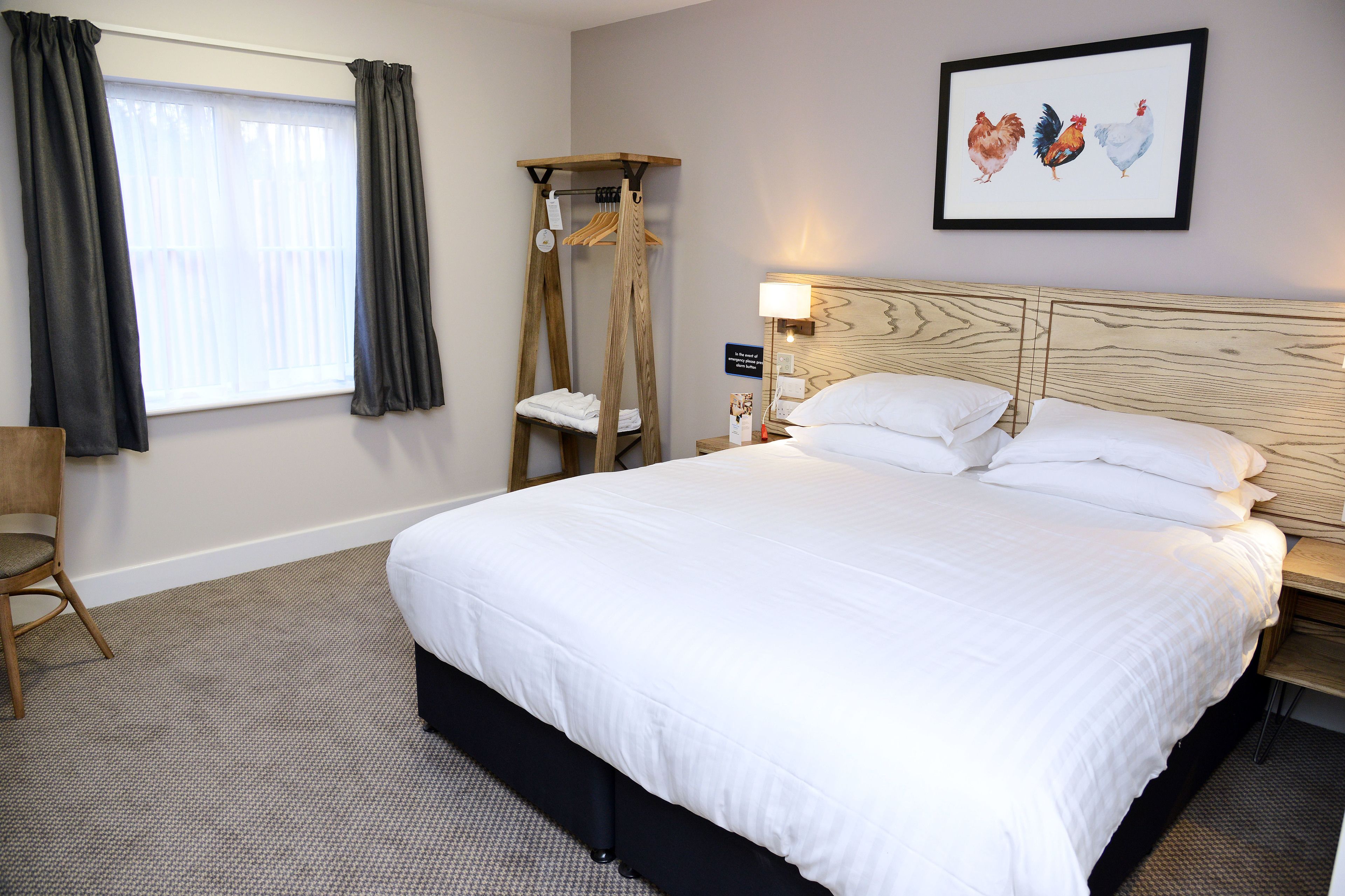 Habitación de hotel con una cama grande, cabecero de madera, mesita de noche, silla, ventana con cortinas e imagen colgada en la pared de gallinas.