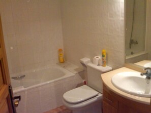 Combined shower/bathtub, bidet, towels