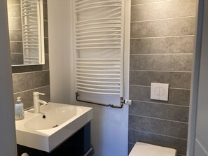 Hair dryer, towels, soap, toilet paper